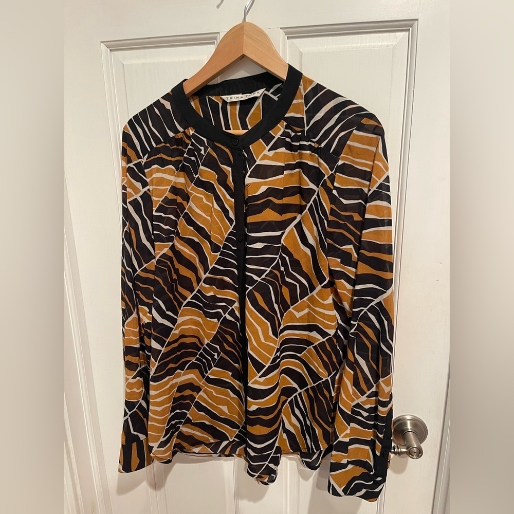 Trina Turk Silk Blend Women's Zebra Stripe Blouse in Black and Gold L
